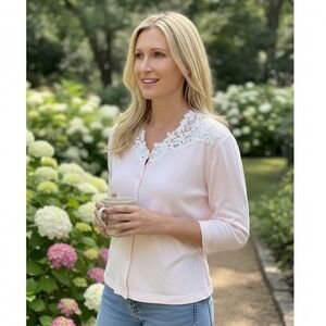 Verena Pink Cotton Lace Trim Cardigan Top Long Sleeve Button Front USA Made Sm